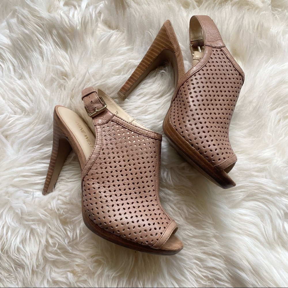 Nine West Leather Stacked Wooden Heel Peep Toe Sandal With Heel Strap and Buckle